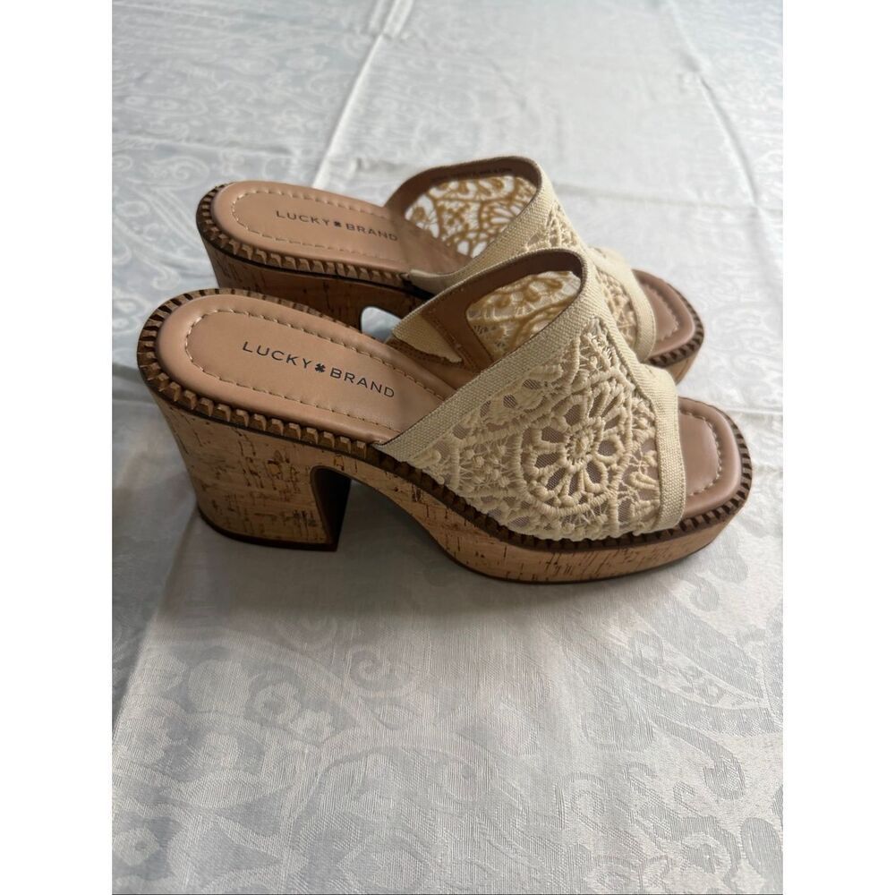 Lucky Brand Talvy Platform Macrame Slide Sandals Boho Cork Heels Size 7M 37 1/2